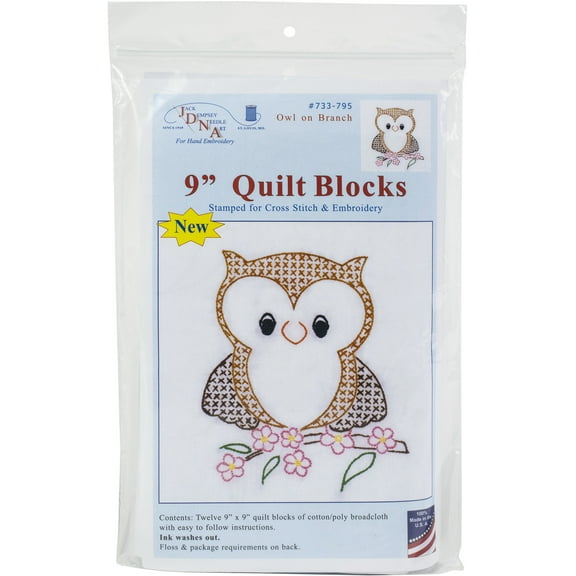 Jack Dempsey Stamped White Quilt Blocks 9"X9" 12/Pkg-Owl on Branch