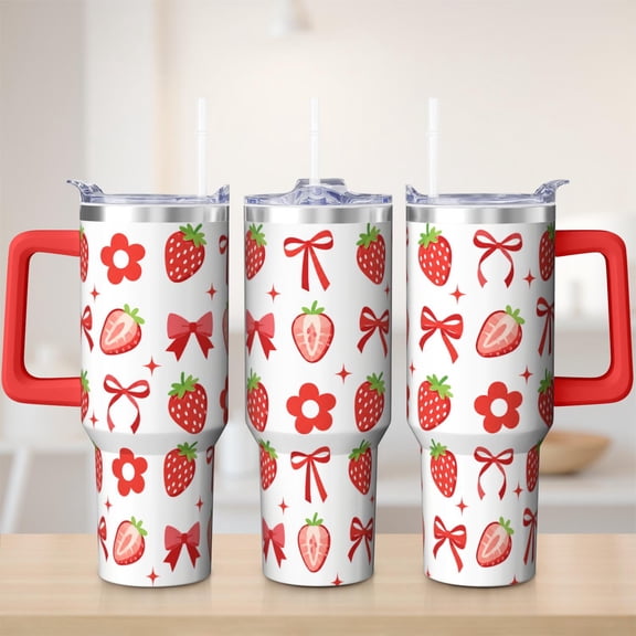Strawberry tumbler 40 oz tumbler with handle and straw 304 stainless steel travel cup coffee mug water bottle suitable as a gifts for women mom gifts gift for strawberry lovers