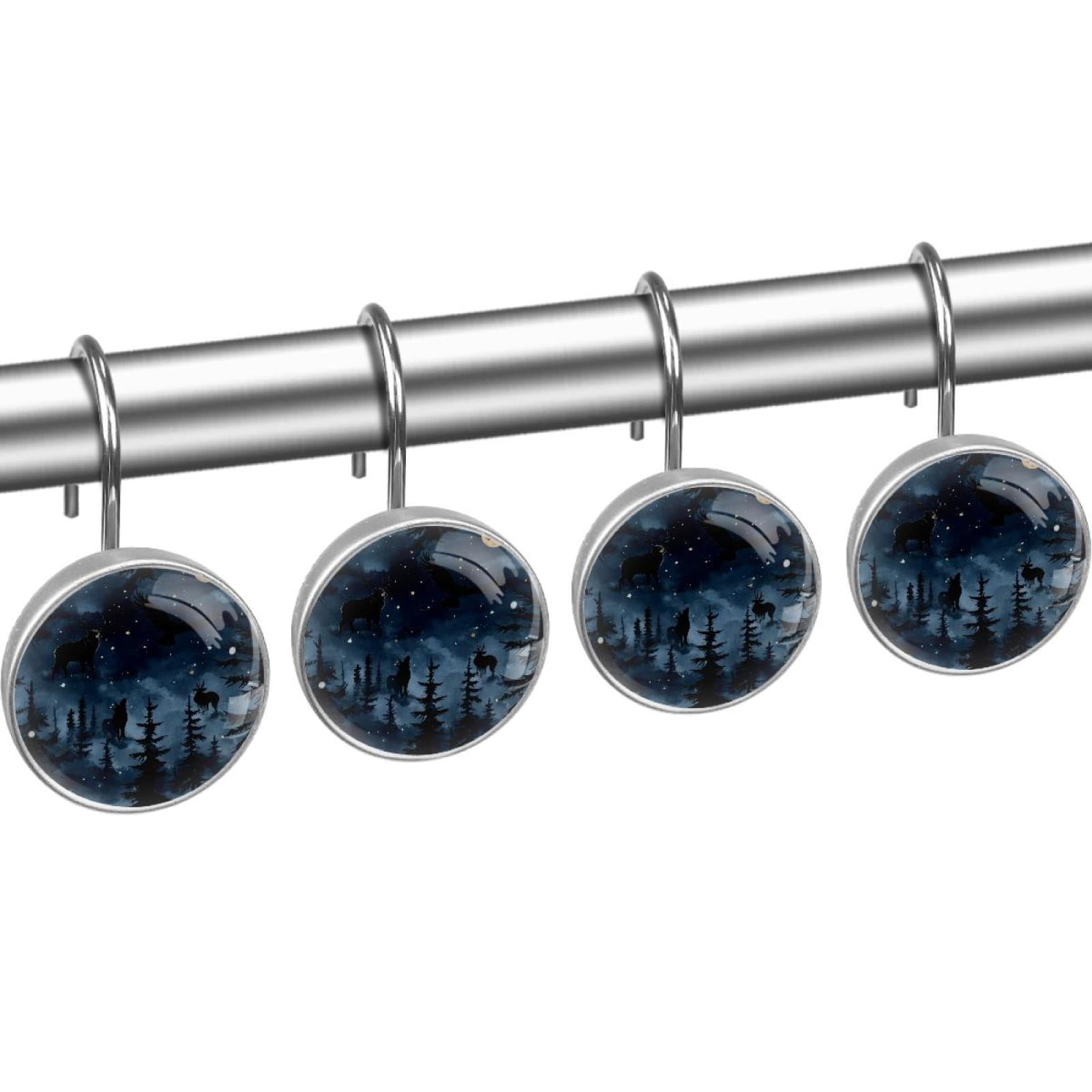 Night Forest Wild Animals Silhouette Shower Curtain Hooks Round Crystal Glass, Set of 12 Shower Curtain Rings - Shower Hooks for Curtain Shower Rings
