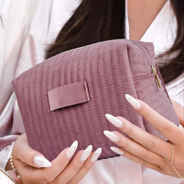 Neceser de terciopelo a rayas bordadas | Organizador de maquillaje impermeable | Neceser de viaje suave | Estuche de maquillaje rosa de 22 x 16 x 15 cm