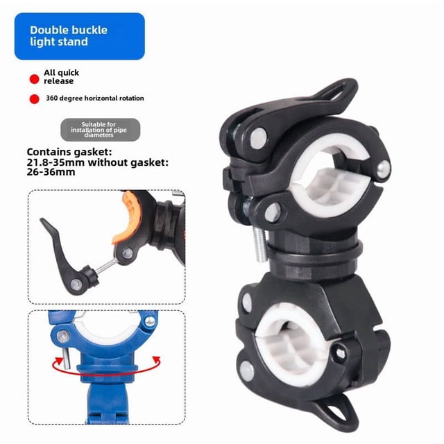 Dual-Clip Quick-Release Bike Light Mount: 360° Rotatable, Secure Base for Road Bikes – Easy Installation, Durable Construction, Compact & Portable (Black/White)