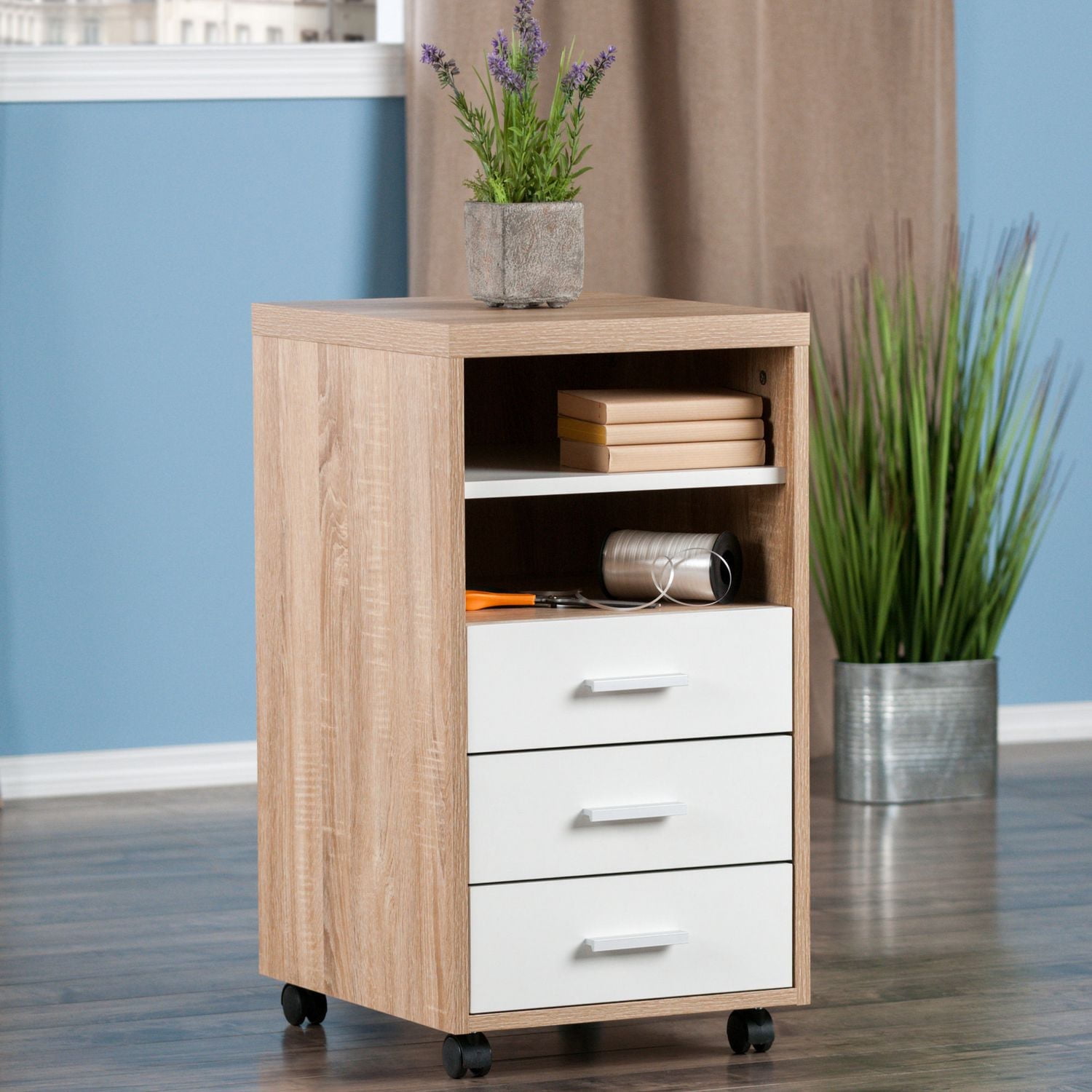 Winsome Kenner Mobile Storage Cabinet, 3 Drawers, 2 Shelves, Reclaimed Wood/White Finish