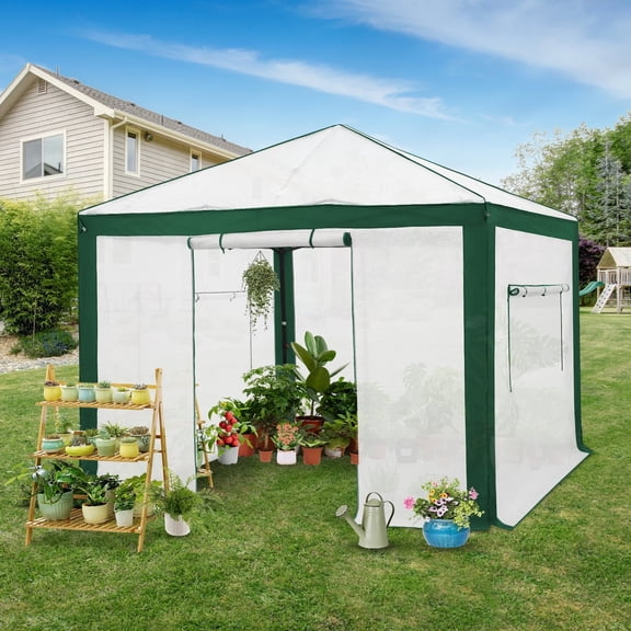 EAGLE PEAK 10x10 Portable Walk in Greenhouse , Heavy Duty Instant Pop Up Green House, Front Roll Up Zipper Entry Door and Mesh Windows, Green/White