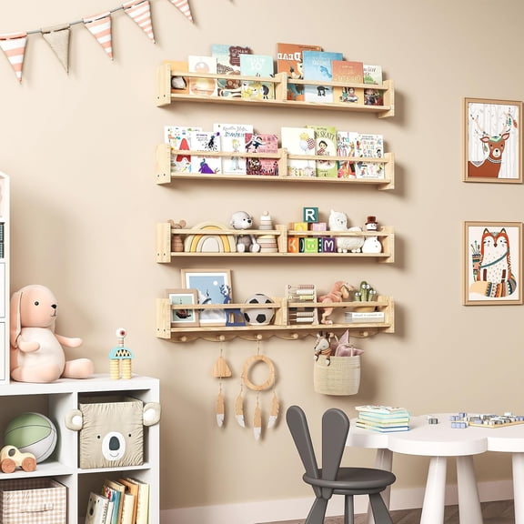 34 Inch Nursery Bookshelves Set of 4 Wall Floating Shelf with 6 Hooks Kids Coat Rack Hanging Shelf for Baby Room Decor Burlywood