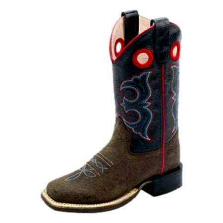 

Old West Western Boots Boys Pull On Leather Square Brown Navy BSC1969