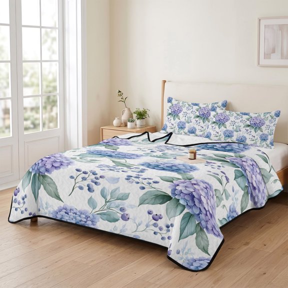 King Size Quilt Set, Hydrangea Flower Eucalyptus Leaf Lightweight Bedspread Coverlet Set Soft Microfiber Summer Quilt with 2 Pillow Shams, Blue Floral Watercolor 3 Piece Comforter Bedding Set