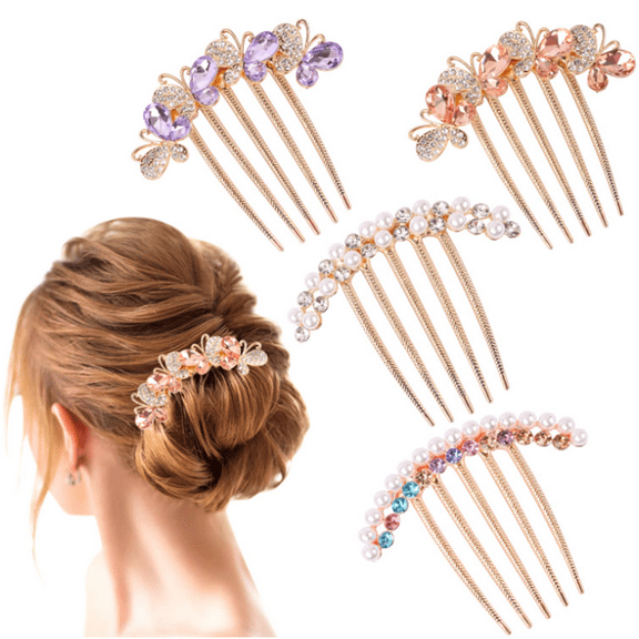 4 Pcs Rhinestone Hair Side Combs for Women Decorative Crystal Hair Fork Clip Bridal Wedding Hairpin Hair Clip for Bun Prom Hair Styling Accessories