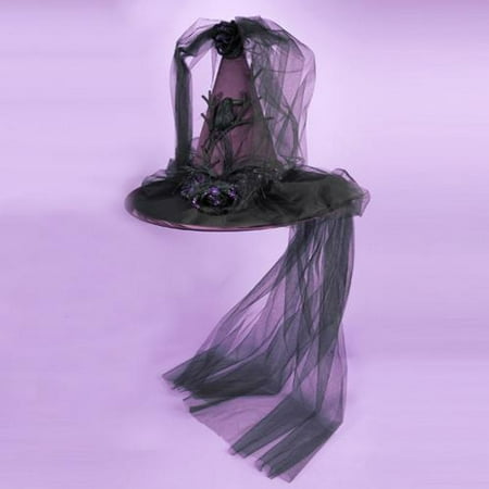 2 Purple Halloween Witch Hats with Crow Design and Black Tulle Veil 18.5"