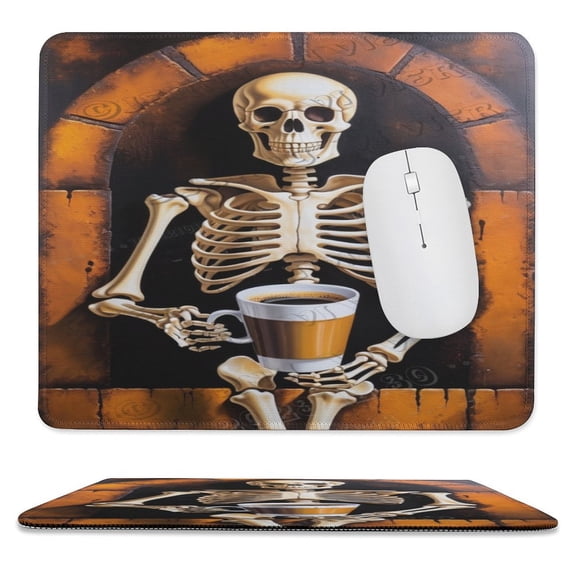 Skeleton With Coffee Print Mouse Pad with Non-Slip Rubber Base, Stitched Edge, Premium-Textured, Gaming Mouse Pad for Wireless Mouse, Computers, Laptop, Office 10"x12"