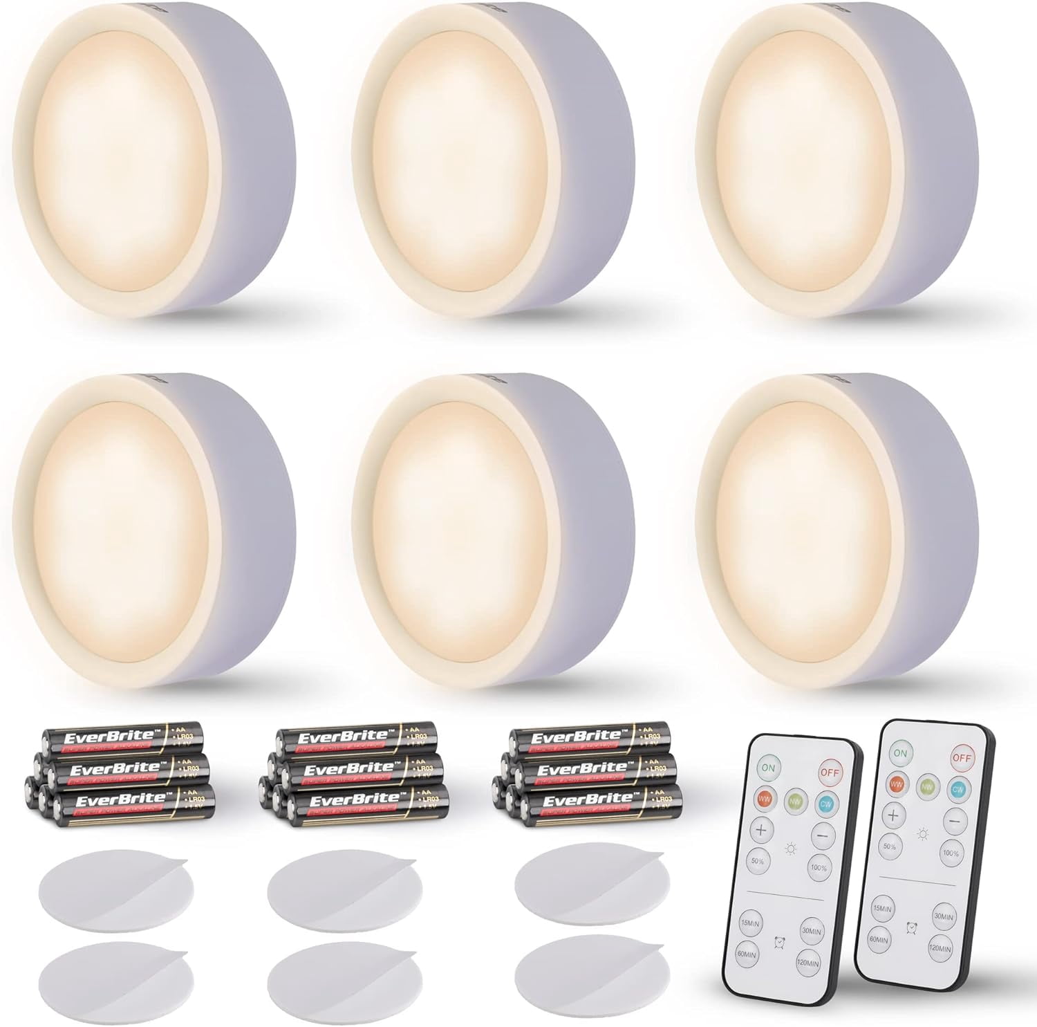 RGHJAR-Puck Lights with Remote, Wireless LED Battery Operated, Under Cabinet Timer, Stick on Light, Closet Light Dimmable for Closet, Bedroom, Included (6-Pack)