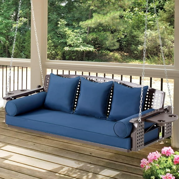 3 Seat Porch Swing, Patio Swing Bench with Cup Holders & 3 Back Cushions, Swing Chair with Chains for Deck Garden Backyard,Blue