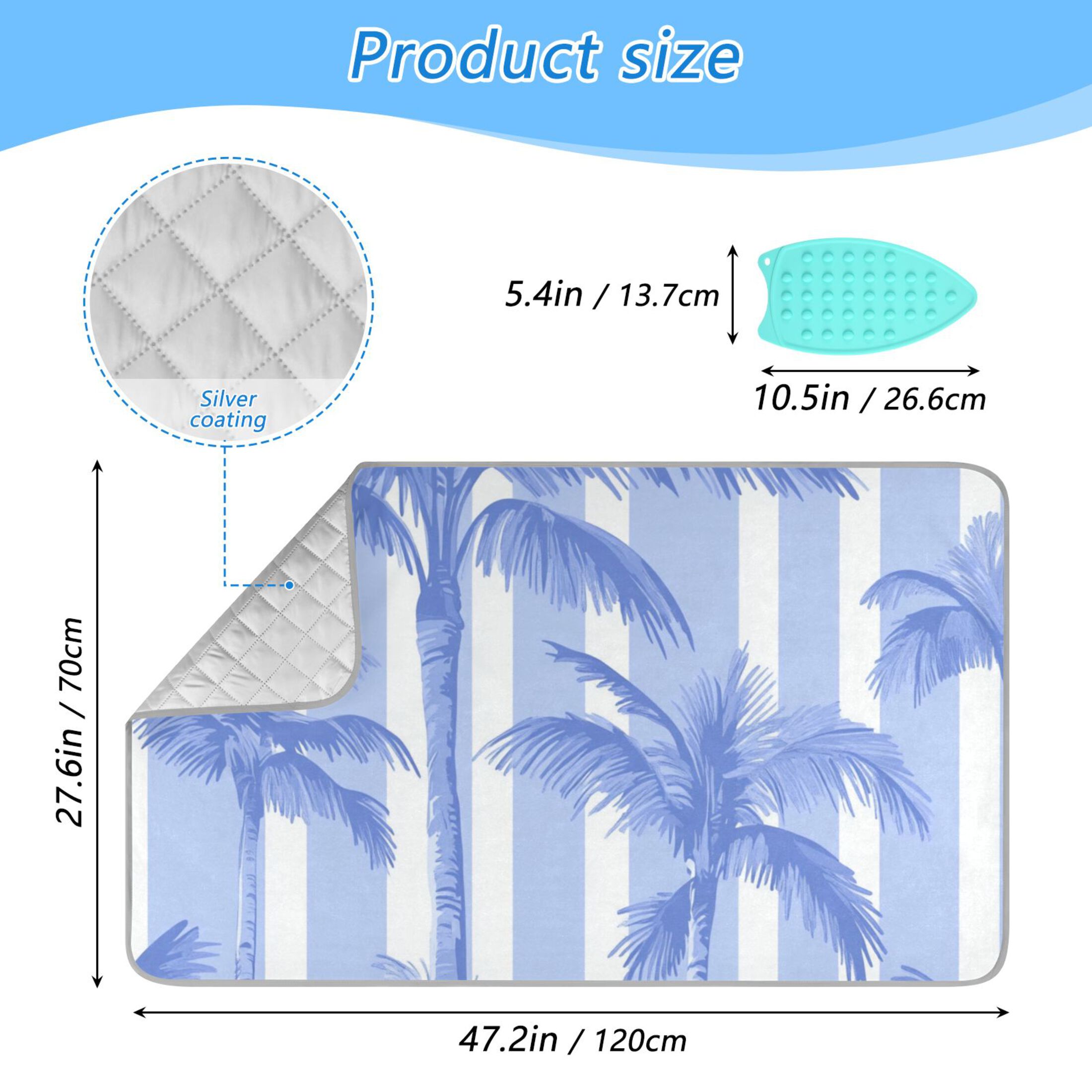 Blue Wide Stripes Coconut Trees Ironing Mat Blanket Portable Travel Ironing Pad Heat Resistant Pad 47.2" x 27.6”
