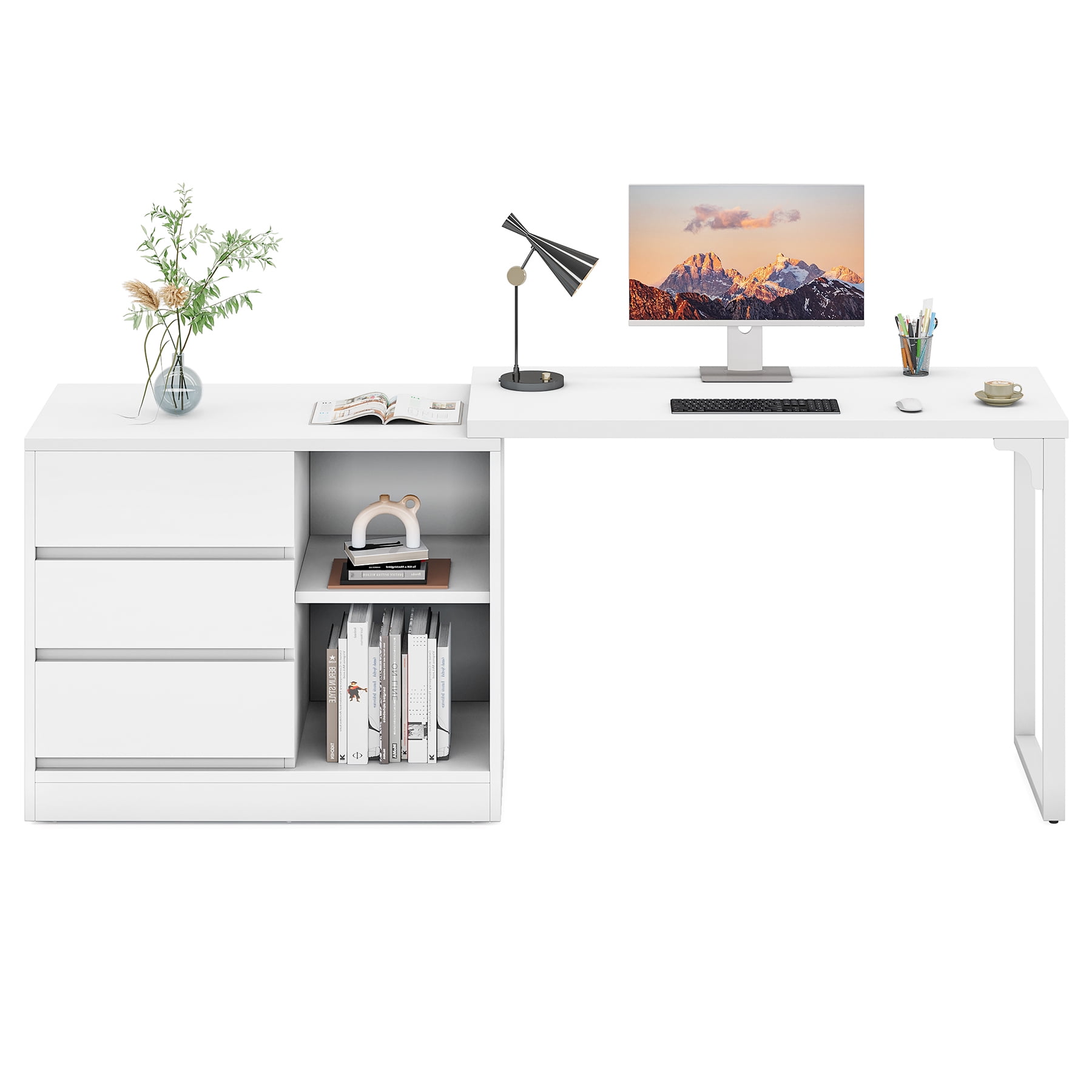 Fnova Reversible Computer Desk with Drawers, Shelves, Storage Cabinet, Modern L-Shaped Corner Office Desk for Home Office, Bedroom, Study, Writing