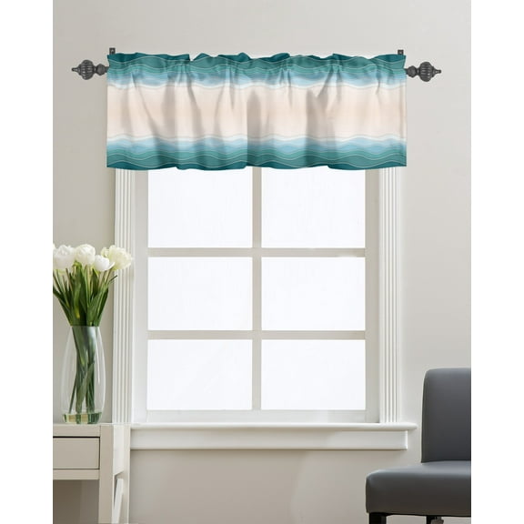 Kitchen Cafe Valance Curtain for Small Windows,Wave Line Blue Ombre Rod Pocket Short Valances Minimalist Abstract Ocean Beach Window Treatment Panel for Living Room/Bedroom/Bathroom,54x18in