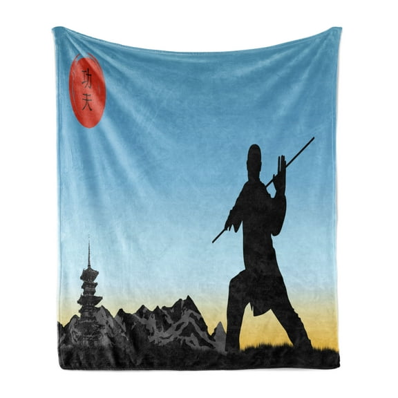 Kung Fu Soft Flannel Fleece Throw Blanket, Man Silhouette Demonstrates Technique of Karate, Cozy Plush for Indoor and Outdoor Use, 70" x 90", Sky Blue Charcoal Grey, by Ambesonne