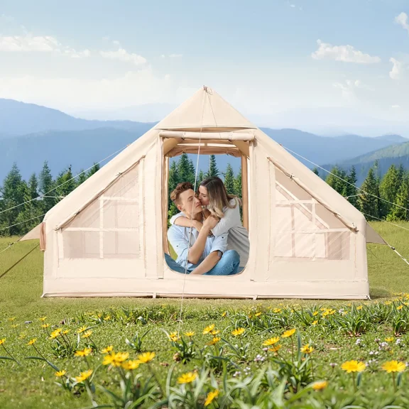 Inflatable camping tent, with manual pump, 300D Oxford fabric, with stove socket, 2 doors and 2 mesh windows, equipped with storage bag, easy to carry, suitable for outdoor camping