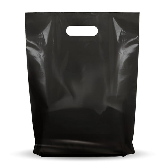 100 Pack 9" x 12" with 1.25 mil Thick Black Merchandise Plastic Glossy Retail Bags - Die Cut Handles - Perfect for Shopping, Party Favors, Birthdays, Children Parties - Color Black - 100% Recyclable