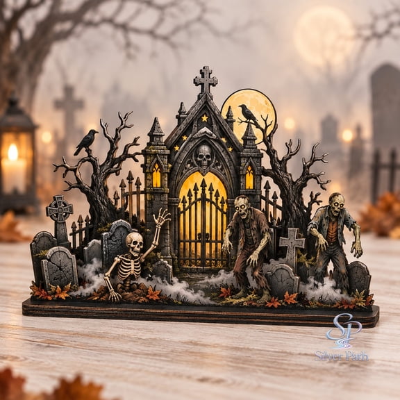 Wooden Block Haunted House Zombie Cemetery with Skeletons for Halloween Shelf Display