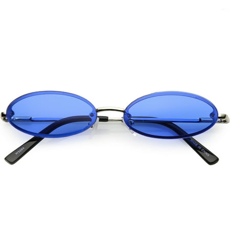 Retro Small Rimless Oval Sunglasses Slim Arms Color Tinted Lens 54mm (Silver / Blue)