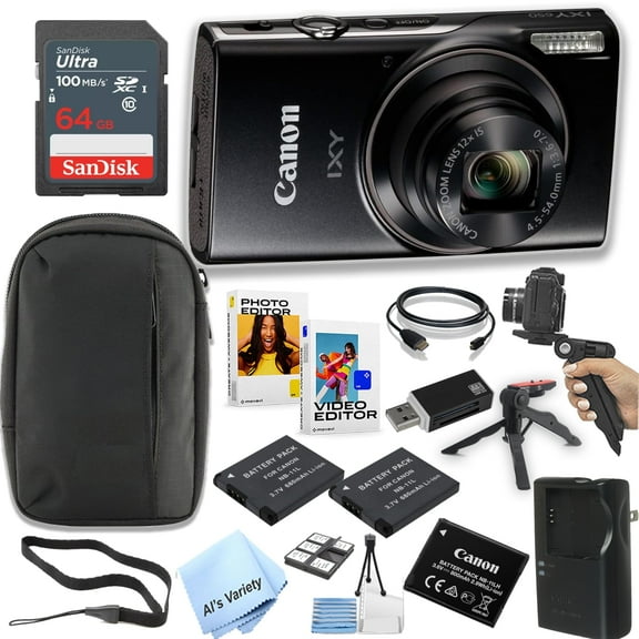 Canon PowerShot IXY 650 (ELPH 360) HS Digital Camera (Black)   64GB Memory   Spare Batteries, Case, Grip, Software Pack (Power Bundle)