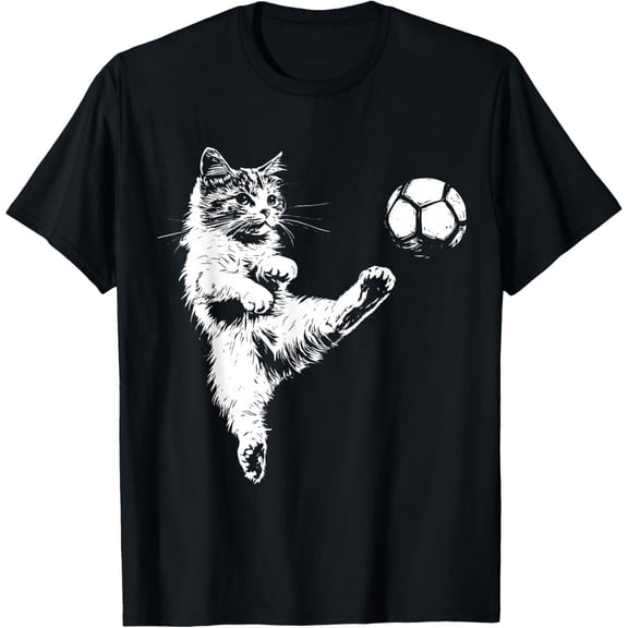 Funny Cat Soccer Ball Graphic T-Shirt, Black Comfortable Breathable Soft Tee, Men's 100% Cotton T-Shirt 180gsm
