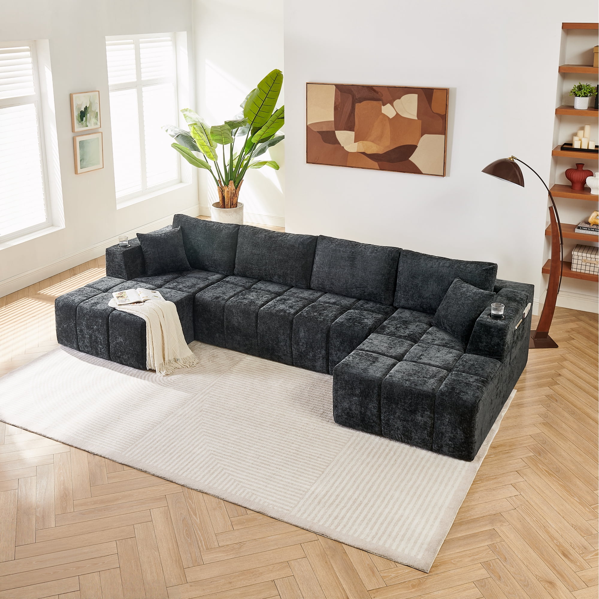 Leumius 132" U Shaped Sectional Sofa,Chenille Boneless Couch, Modern 4-Seat Upholstered Cloud Couch Sectional with Deep Seat and Cup Holders for Living Room,No Assembly Required,Black