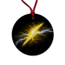 Yellow and White Lightning Bolt On Black Christmas Tree Holiday Round Ceramic Ornament