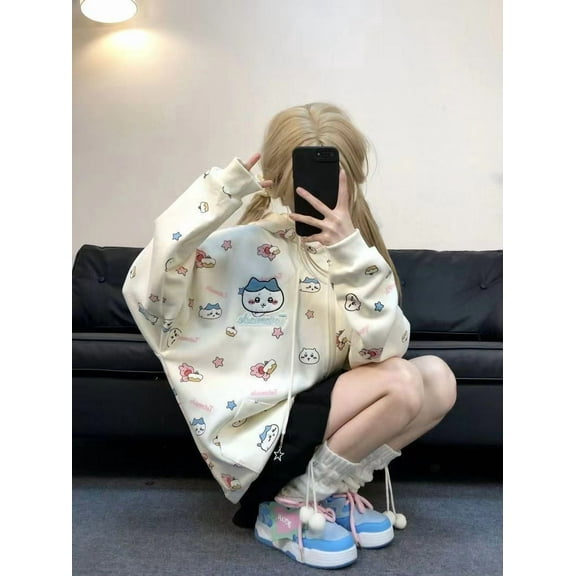 Chiikawa Cute Hachiware Cartoon Full Printed Hooded Sweatshirt Cardigan Women's Sweet Spring and Autumn Zipper Jacket