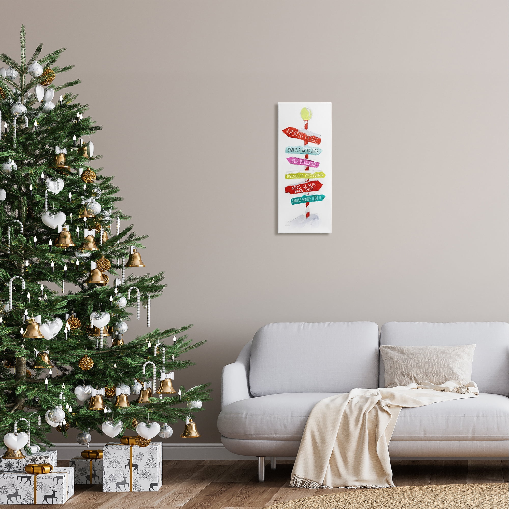 Stupell Industries Holiday Directional Sign Holiday Painting Gallery Wrapped Canvas Art Print Wall Art, 10 x 24