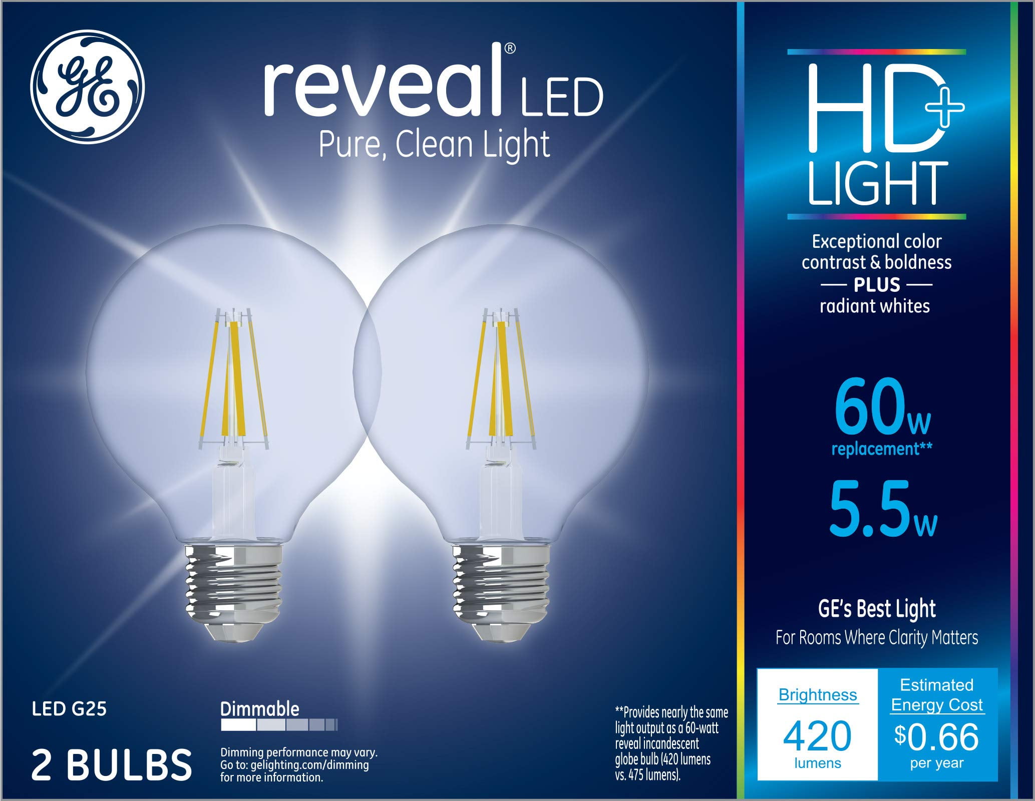 GE Lighting 31858 Clear Finish Light Bulb Dimmable LED Reveal HD G25 Decorative Globe 5.5 (60-Watt Replacement), 420-Lumen Medium Base, 2-Pack