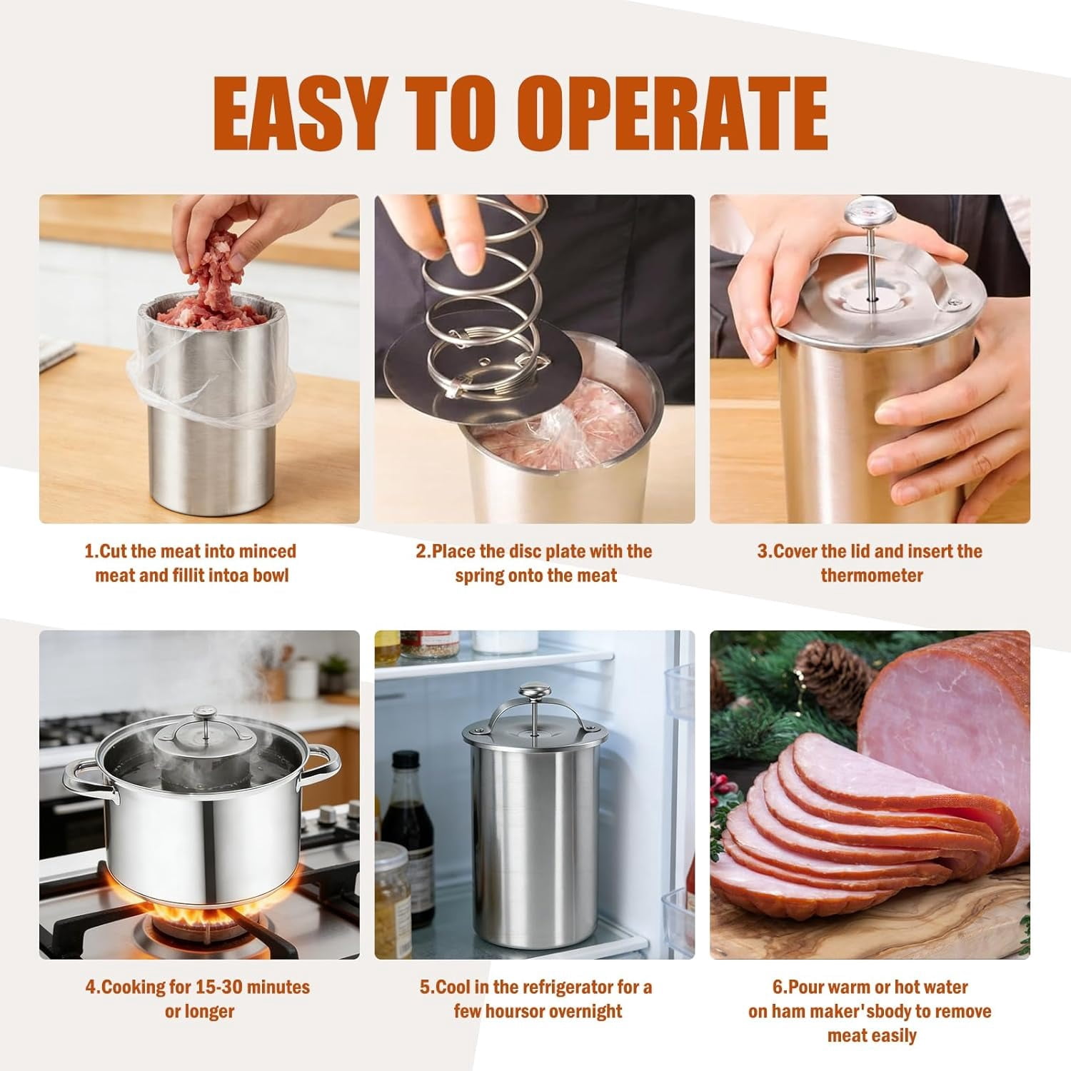 Deli Meat Press, Deli Press, Ham Maker Meat Press, Stainless Steel Deli Meat Press for Making Healthy Homemade Deli Meat with Thermometer & Spring Mechanism, Ham Maker and Sandwich for Home Cooking