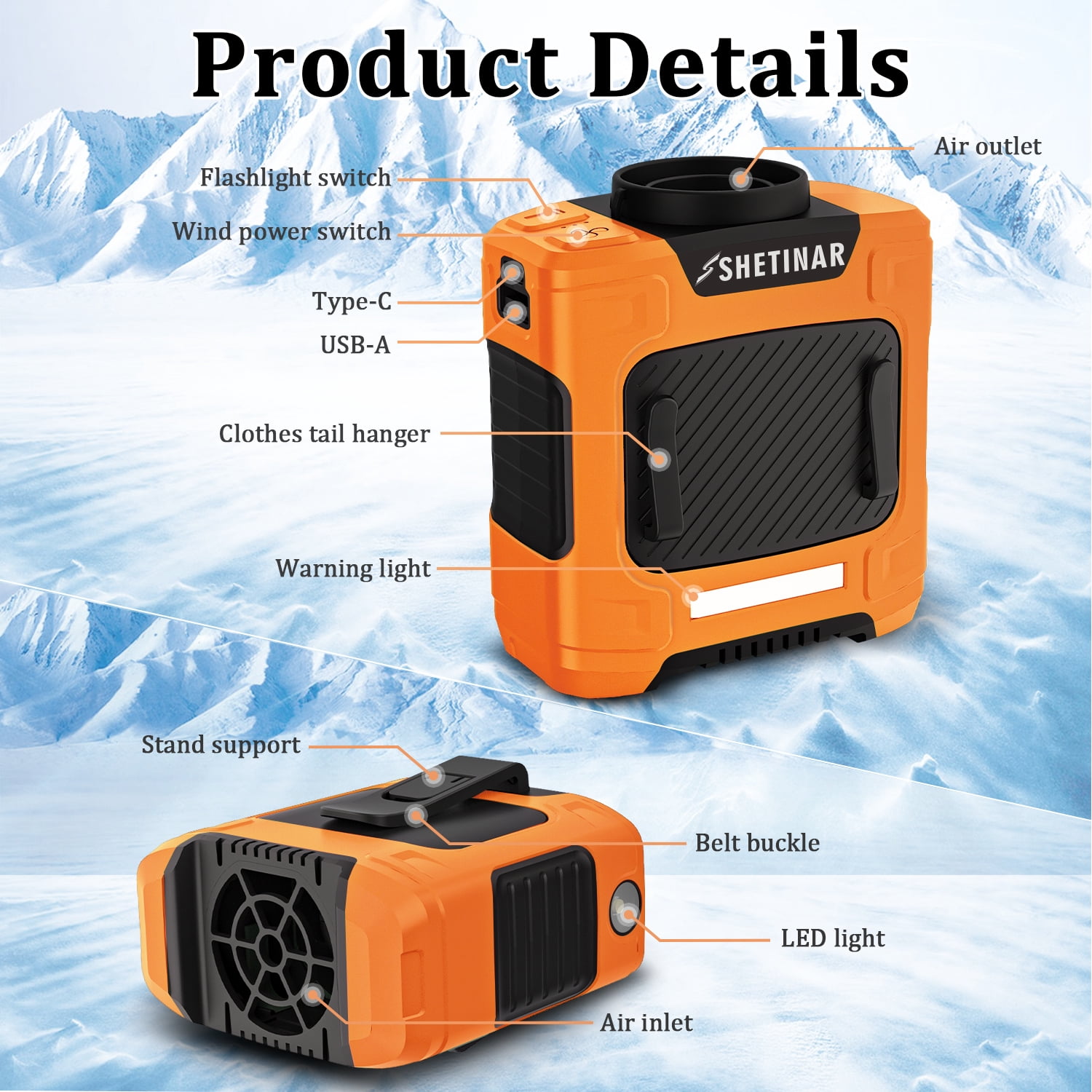 Shetinar 7-in-1 Powerful Portable Personal Fan with Waist Clip, 16000RPM Speed, 10000mAh Rechargeable, Mini Fan for Camping, Work and Outdoor Use (Orange)