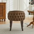 thumbnail image 3 of Mid-Century Accent Chair, PU Dining Chair with Solid Wood Armrests and Legs, Hand-Pulled Buckle Decoration, 1 Seat Cushioned Sofa for Living Room Bedroom, 3 of 7