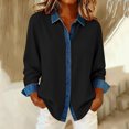 thumbnail image 3 of Otntypg Lapel Collar Denim Patchwork Shackets for Women Fashion Fall Spring Long Sleeve Button Down Work Business T-Shirts Lightweight Thin Outwear Jackets Black M, 3 of 7