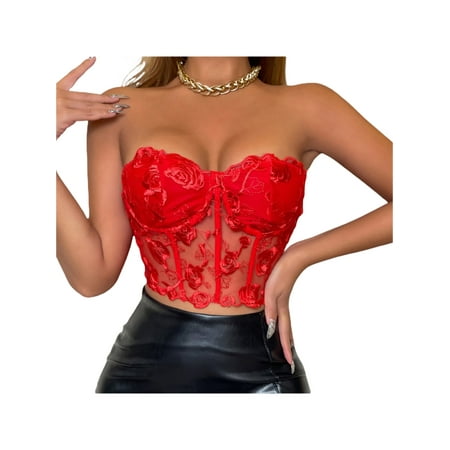 

WakeUple Women Bustier Tube Tops See Through Embroidery Flower Off-Shoulder Tank Club Party Street Backless Crop Tops