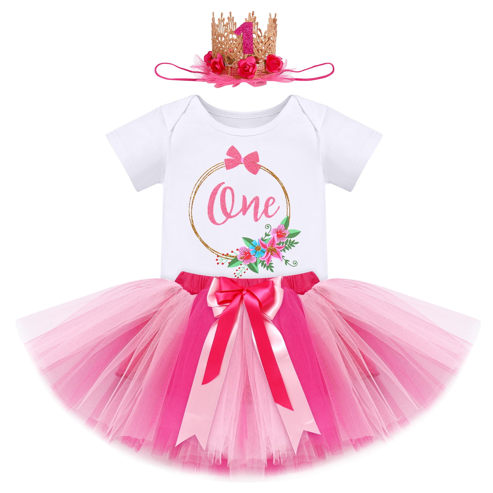 IBTOM CASTLE Infant Baby Girl One Year Old Birthday Outfit Floral Lace Party Cake Smash Romper + Tutu Skirt + Crown Clothes Set for Photo Shoot 1 Year Hot Pink - Flower