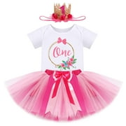 FYMNSI Baby Girl First Birthday Outfit Flower Theme Cotton Short Sleeve Romper Tutu Tulle Skirt Crown Headband 3pcs Set 1Y Hot Pink One