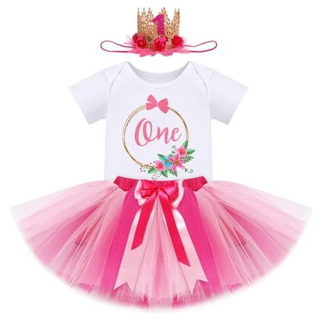 FYMNSI Baby Girl First Birthday Outfit Flower Theme Cotton Short Sleeve Romper Tutu Tulle Skirt Crown Headband 3pcs Set 1Y Hot Pink One
