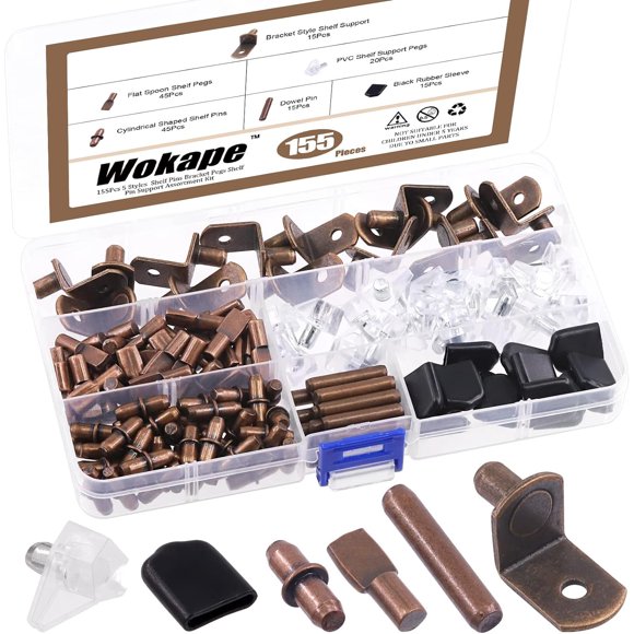 shiyou-155Pcs 5 Styles Red Bronze Shelf Pins Assortment Kit, Metal Shelf Pins Sets Bracket Pegs Cabinet Furniture Shelf Pins Support Assortment for Shelf Holes