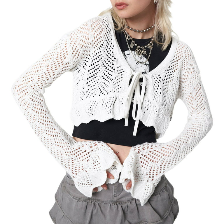 Douhoow Women White Knitted Crop Top Tie Up Ruffles Flare Sleeve Cardigan  Retro V Neck Crochet Top 