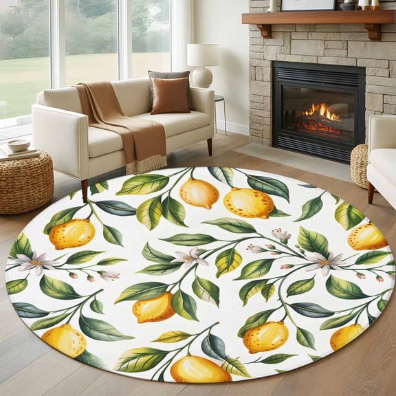 Round Rug 6Ft Washable Non-Slip, Summer Yellow Lemons Circle Area Rugs for Living Room Bedroom, Green Leaves Flowers Country Plants Indoor Floor Mats Carpet Runner for Home Decor Aesthetic