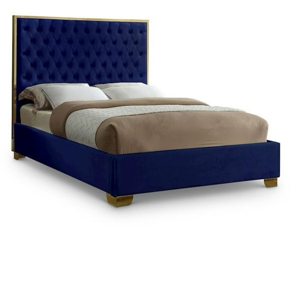 Meridian Furniture Lana Contemporary Wood Tufted Platform Bed, Full, Navy/Gold