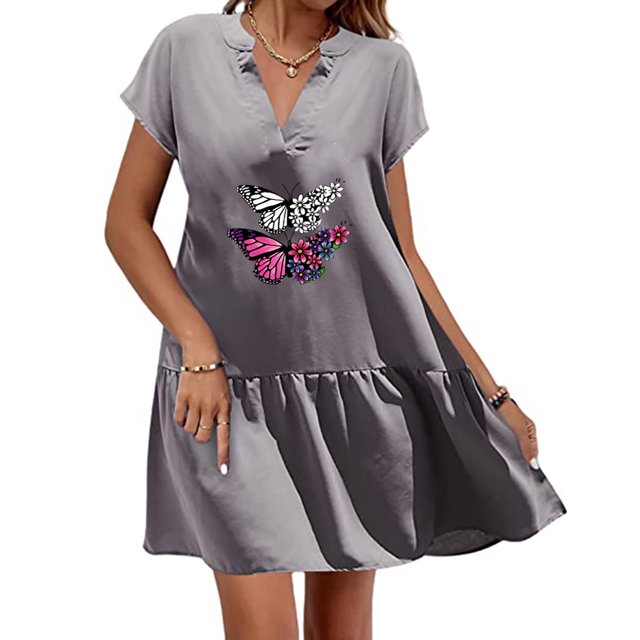 SMihono Robe d'Été Grande Taille pour Femmes 2023 Décontractée Aguichant Mode Col en V Manches Courtes Imprimé Coton Lin Jupe Courte