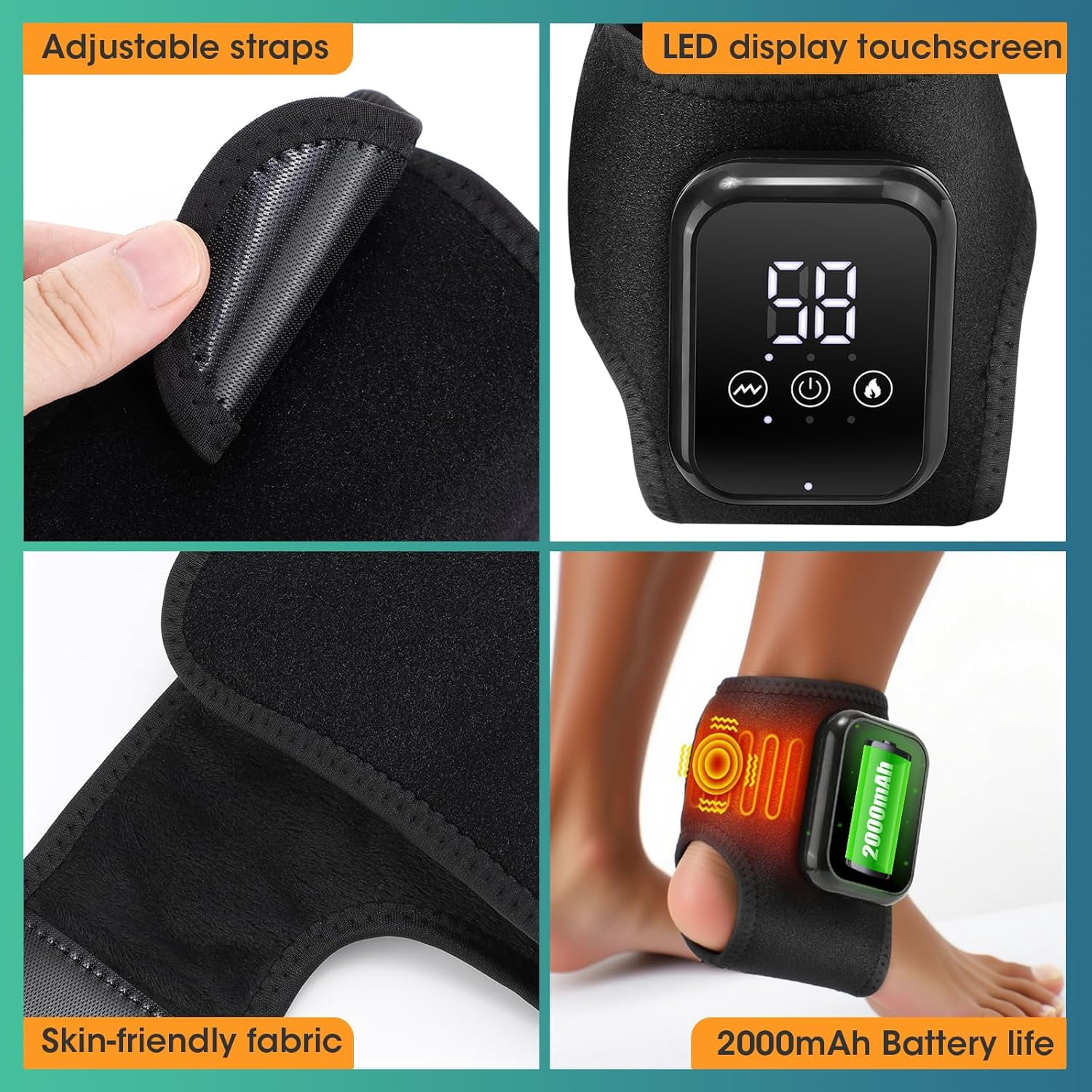 Wrongduck Ankle Massager with Heat – Rechargeable Foot and Ankle Heating Pad Wrap with Vibration, Adjustable Fit for Pain Relief, Achilles Tendonitis, Plantar Fasciitis, 2000mAh Battery