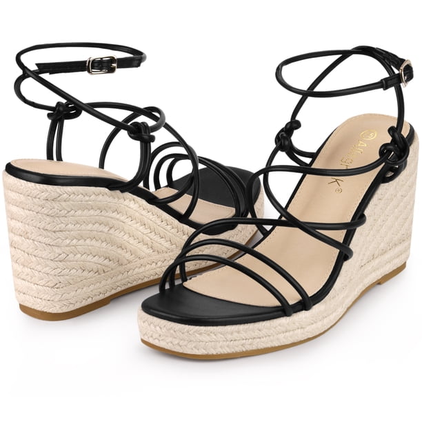 Sandalias de cuña con tiras para mujer, tacones tipo alpargata negro, EE. UU. 10