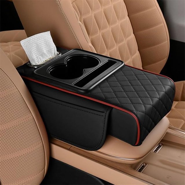 Integrated Pressurized Multifunctional Car Armrest Heightening Pad, Car Armrest Storage Box with 2 Cup Holders, with Pillow Cushion & Protective Cover