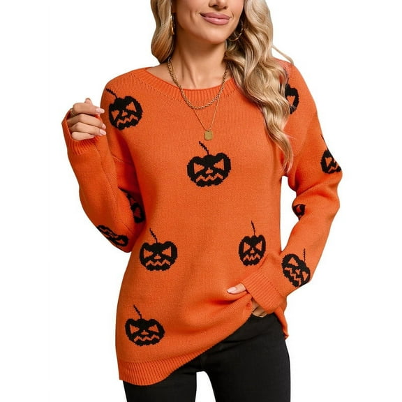Sweaters for Women Halloween Day Pumpkin Ghost Print Pullover Sweater Casual Loose Knitted Crewneck Sweaters Shermie
