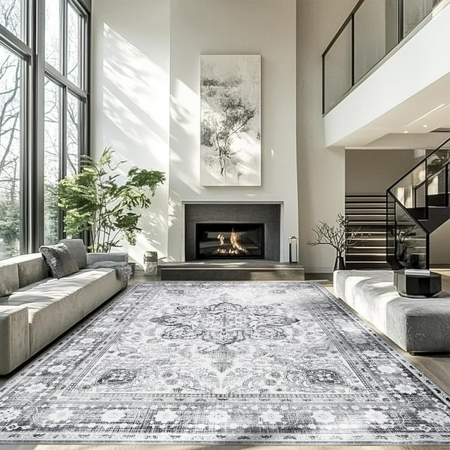 Area Rugs for Entryway x Lightweight Machine Washable Rug Vintage Area Rugs for Bedroom Neutral Bathroom Mat Indoor Carpet for Playroom Office Living Room(Grey xft)