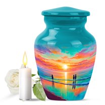 JAGASY Beach Urn for Ashes Adult Female, Teal Small Urns for Human Ashes Keepsake, Ocean Beach Sunset Orange Yellow Clouds Decorative Urns, Mini Memorial Urn for Mother & Father, (3 Inch)