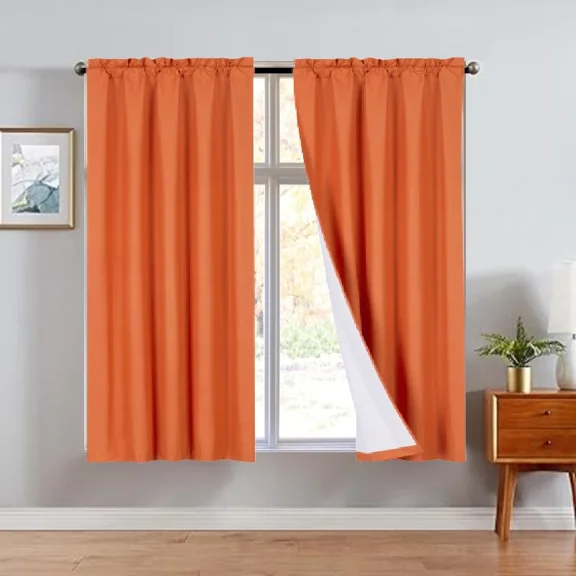 R64 2 piece solid insulated foam backing lined thermal blackout window curtain panel treatment drape rod pocket top matte smooth in different sizes 63" Orange